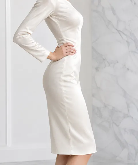AI illustration: a woman in a fitted ivory silk dress, hand on her waist