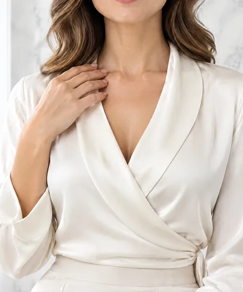 AI illustration: a woman in an ivory silk wrap blouse