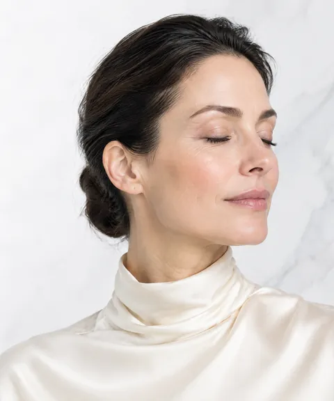 AI illustration: a woman in an ivory silk high-neck blouse, eyes closed, in soft daylight