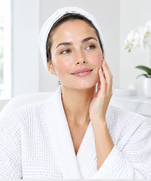 AI illustration: a woman in a white robe touching her cheek in a bright treatment room